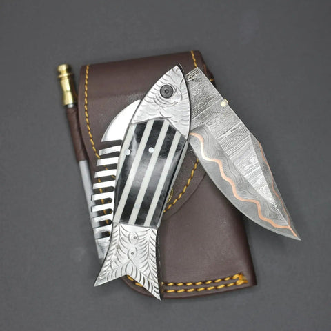 Fish Style Damascus Folding Knife With Ladder Pattern Blade Copper Finish Brass Engraved Handle And Leather Sheath