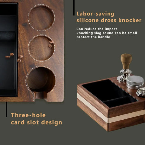 Professional Grade Wooden Espresso Knock Box And Sleek Tamping Station with Beefy Stand Base, showing silicone dross knocker.