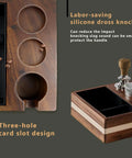 Sleek Espresso Knock Box Bundle Featuring A Rock Solid Wood Tamping Station And Heavy Duty Coffee Tamping Stand Your Daily Grind Gear For Home Barista Countertop Setup with three holes and a dross knocker.