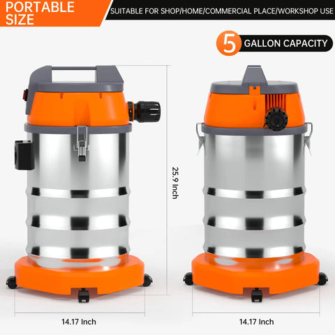 Heavy Duty Wet Dry Vacuum 5 Gallon stainless steel with 360 swivel wheels for home garage workshop car jobsite