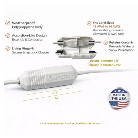 Weatherproof Extension Cord Connection Protector Keeps Plugs Snug And Secure Indoors And Outdoors Fits 18 To 12 AWG Heavy Duty Cords Seals Out Rain And Dirt No Bulky Box Made In USA Everywhere with CordSafe label and USA emblem.