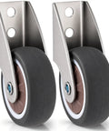 Two Inch Low Profile Door Support Wheels, Anti Sag Caster Rollers For Solid Wood Doors And Gates, Heavy Duty Grey Hardware Upgrade shown in close-up.