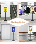 Heavy Duty 11x17 Standing Sign Holder With Adjustable Pedestal in various settings, showcasing multi-use display.