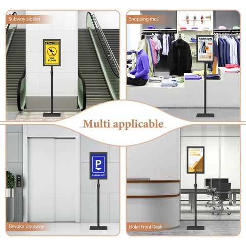 Heavy Duty 11x17 Standing Sign Holder With Adjustable Pedestal in various settings, showcasing multi-use display.