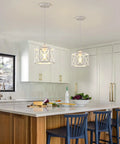 Farmhouse Pendant Lights 2 Pack With Rustic Distressed White Wood And Matte Black Metal Cage Adjustable Mini Pendant Lamps in kitchen.