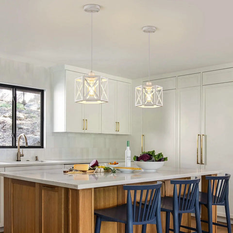 Farmhouse Pendant Lights 2 Pack With Rustic Distressed White Wood And Matte Black Metal Cage Adjustable Mini Pendant Lamps in kitchen.