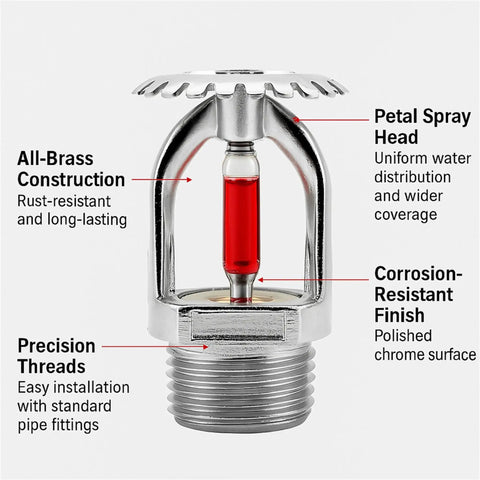 Heavy Duty Upright Fire Sprinkler Head With 68 Celsius Red Glass Bulb And Durable Copper Alloy Frame Finished In Polished Chrome showing red bulb and brass details.