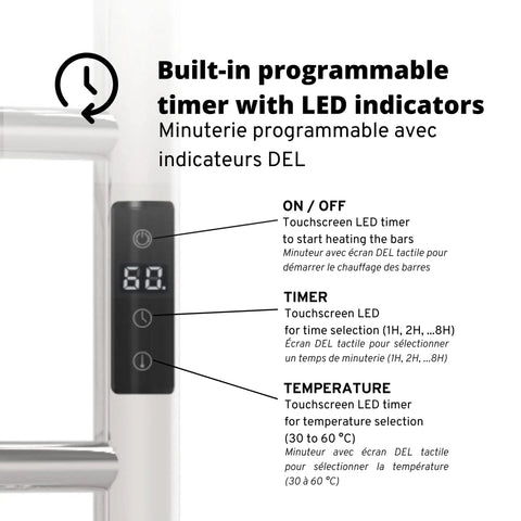 Heavy Duty Wall Mounted Towel Warmer with Built In Timer and LED Indicators displaying settings in chrome stainless steel