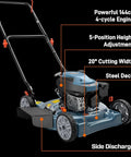 Gas Powered Lawn Mower With 144cc 4 Stroke Engine 20 Inch Deck Side Discharge shown with features