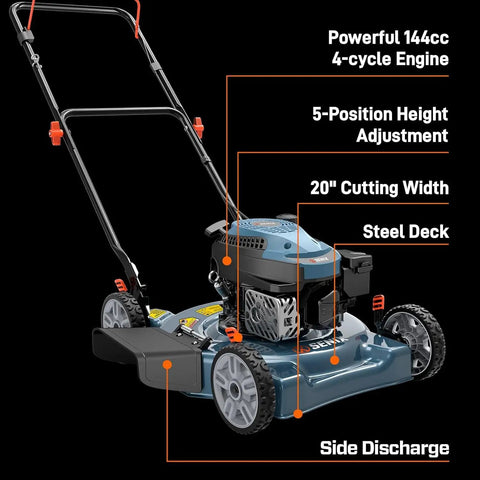 Gas Powered Lawn Mower With 144cc 4 Stroke Engine 20 Inch Deck Side Discharge shown with features