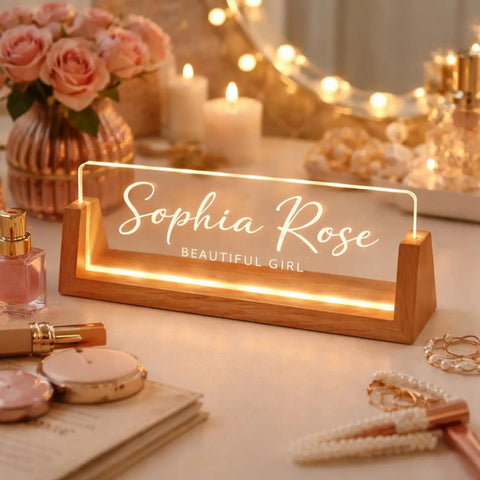 Custom Desk Name Plate With LED Wood Base, Light Up Acrylic Name Plate For Desk And Office Sign, Personalize With Name Or Title