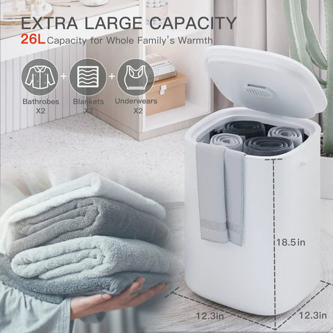Open bucket style towel warmer with LED display, showing rolled 40x70 towels inside, 26L capacity for home spa, black and white design.