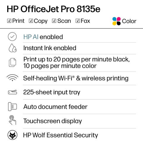 Features list of HP OfficeJet Pro 8135e Wireless All-In-One Color Inkjet Printer including AI, Instant Ink, and self-healing Wi-Fi.