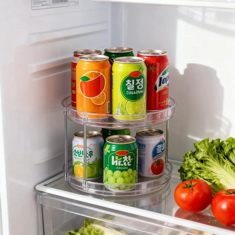Two Pack Two Tier Clear Acrylic Lazy Susan Turntable Organizer with soda cans in fridge for efficient storage
