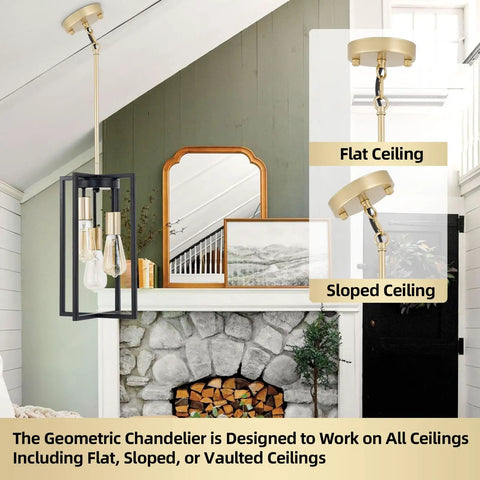 Dope Industrial Farmhouse 3 Light Pendant Fixture In Black And Gold hanging from a flat ceiling by adjustable rods.