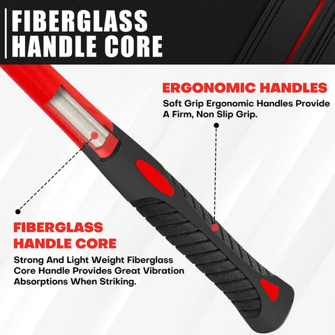 Ergonomic handle of 4 Piece Ball Peen Hammer Set For Metalworking, fiberglass core and soft grip, vibration absorption details.