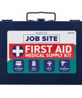 Metal job-site first aid kit case with carrying handle by BrightCare, blue, 200-piece wall-mount kit.