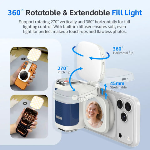Magnetic iPhone Camera Grip With LED Fill Light And Mirror For iPhone 17 Pro Optimized For iOS 26 showing 360-degree rotation and selfie mirror
