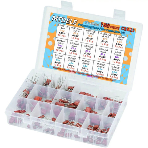 Must-Have 180Pcs Metallized Film Capacitor Kit For DIY Electronics, PCB And Arduino Projects, 15 Values, 400V to 630V DC