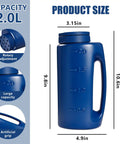 Handheld Seed Shaker And Spreader With 90 Oz Capacity, blue plastic jug showing size and adjustable rotary opening details.