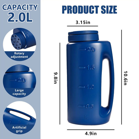 Handheld Seed Shaker And Spreader With 90 Oz Capacity, blue plastic jug showing size and adjustable rotary opening details.