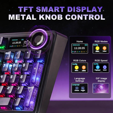Locked In Wireless Gaming Keyboard With Smart Tft Display And Rotating Volume Knobs showing smart display and metal knob control.