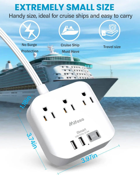Ultra Flat 5ft Extension Cord Power Strip With 3 Outlets And 4 USB Ports 2 USB C Desk Charging Station No Surge Protection