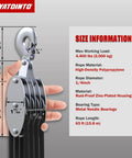 Heavy Duty Rope Hoist With Pulley Block And Tackle 4400Lb Capacity 65ft 8 To 1 Lifting specifications diagram