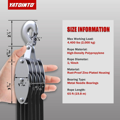 Heavy Duty Rope Hoist With Pulley Block And Tackle 4400Lb Capacity 65ft 8 To 1 Lifting specifications diagram