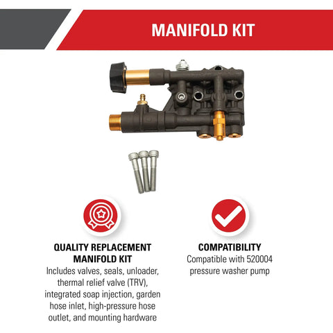 Manifold Replacement Kit For OEM Technologies 520004 Axial Cam Pressure Washer Pump 7110163 with valves and hardware.