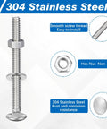 Stainless Steel Carriage Bolt Kit 50 Sets One Quarter Twenty Thread Three Inch Round Head Square Neck Bolts with hex nut