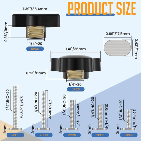 Boss Tier 20 Piece T Track Knob Kit 1/4 Inch 20 Thread dimensions showing sizes and designs of knobs and bolts in a workshop.