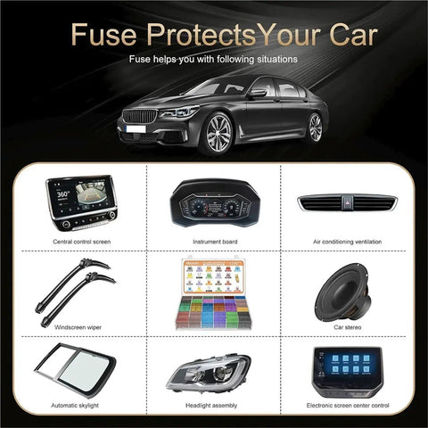Car with fuse applications, including 1200 Piece Auto Fuse Kit With 520 Standard Fuses And 680 Mini Fuses Plus Puller For Easy Car Electrical Repairs.