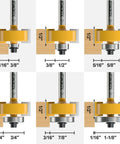 Pro Grade Rabbet Router Bit Set With 1/4 Inch Shank And 6 Interchangeable Bearings For Multi Depth Cuts, various cut dimensions shown