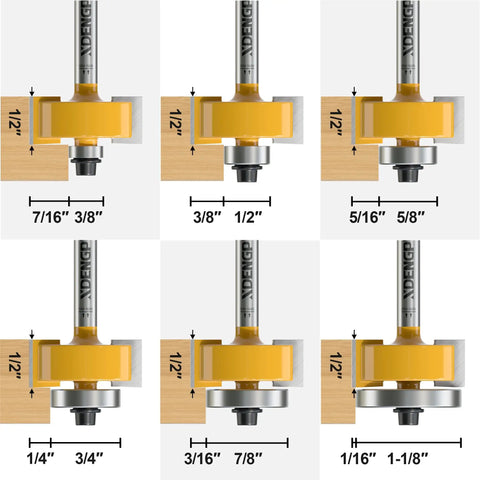Pro Grade Rabbet Router Bit Set With 1/4 Inch Shank And 6 Interchangeable Bearings For Multi Depth Cuts, various cut dimensions shown