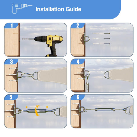 Installation guide for Rock Solid Heavy Duty 6 Inch Sun Shade Sail Hardware Kit with 304 Stainless Steel components.