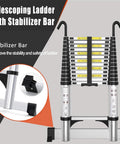 Aluminum Telescoping Ladder 8.5 Ft With Hooks And Stabilizer For Easy Extension And Folding Heavy Duty Portable Step Ladder With Safe Locking Clicks Built To Last For Home Garage And Jobsite High Reach Tasks, front view with stabilizer bar