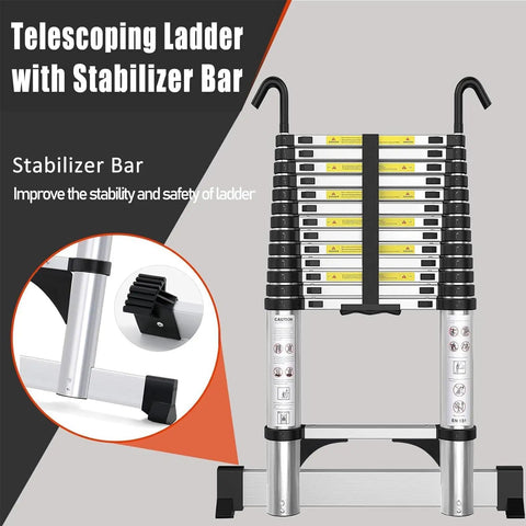 Beefy 15 Foot Aluminum Telescoping Ladder With Hooks And Stabilizer, Retractable Extension Ladder For Home Loft Roof RV Work