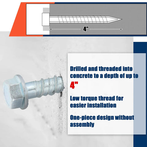 Close-up of 4-inch galvanized concrete screw in wall, illustrating one-piece design for heavy-duty fastening, part of 40 Pack Half Inch By 4 Inch Galvanized Concrete Screws Large Diameter Anchors For Masonry Brick Or Block Mounting Heavy Duty Fastening To Concrete Walls And Slabs.