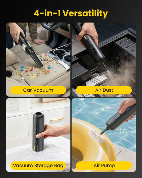 Cordless Handheld Car Vacuum Cleaner 4-In-1 Mini Vacuum With 18500Pa Killer Suction Desk Vacuum And Air Duster With Green LED Light, shown in use for various tasks like car cleaning, air dusting, and inflating.