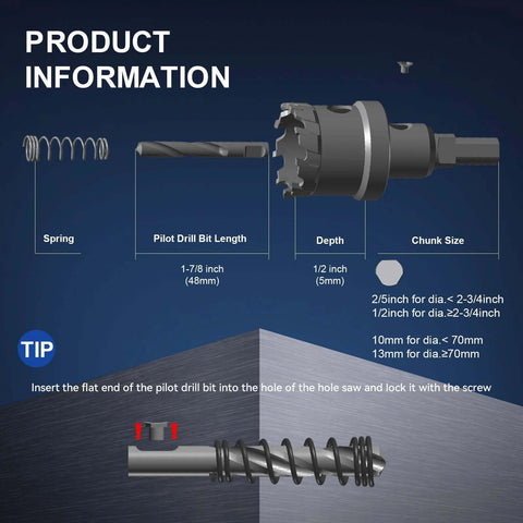 Mollom carbide hole saw kit, 1-1/4 in (32mm) diameter with 2 pilot bits, exploded view
