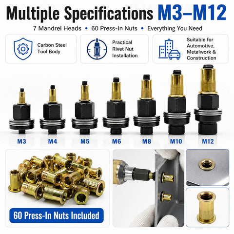Pro Grade Carbon Steel Rivet Nut Tool Kit With Sixty Press In Thread Inserts For Weekend Warriors And Auto Pros showing mandrel heads and press-in nuts.