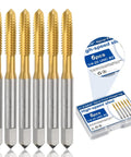 6-Piece Titanium Coated HSS 6542 Spiral Point Thread Tap Set For 1/4-20 UNC Threads displayed next to package