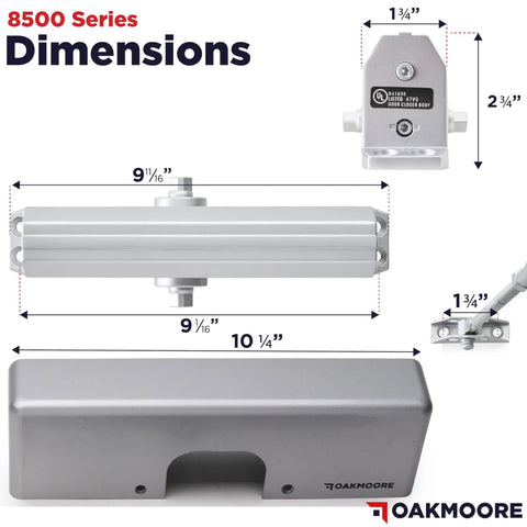 Heavy Duty Commercial Door Closer Automatic Self Closing Hinges dimensions in silver finish, showing size specifications.
