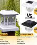 Comparison between IP65 solar powered outdoor fence lights RGB for 3.6x3.6 to 5x5 deck posts vs IP44 model.