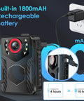 1080P HD Body Camera With Night Vision And Crisp Audio Capture For Cops And Security Pros shown with charging details
