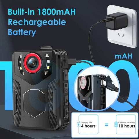 1080P HD Body Camera With Night Vision And Crisp Audio Capture For Cops And Security Pros shown with charging details