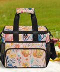 Insulated Picnic Backpack With Built In Lunch Box For Women And Men showcased in floral design at picnic setting