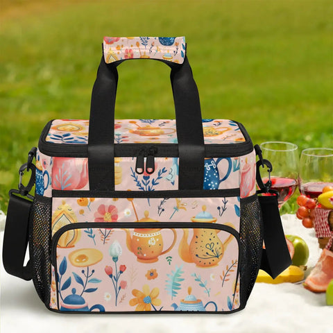 Insulated Picnic Backpack With Built In Lunch Box For Women And Men showcased in floral design at picnic setting