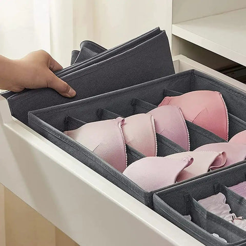 4 Piece Foldable Fabric Drawer Organizer Set For Socks And Underwear Storage Using A Nifty Layout To Keep Your Closet Clean Maximize Dresser Space While Delivering Zero Extra Stress Overall with pink bras arranged.